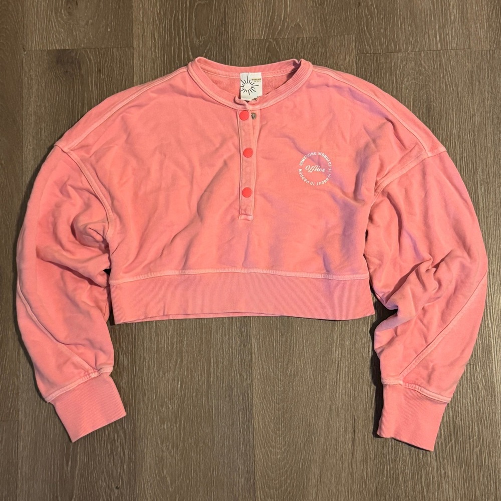 Offline by Aerie Womens Pink Cropped Henley Sweatshirt Graphic Small S P